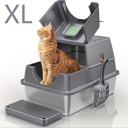 XL Stainless Steel Enclosed Cat Litter Box with Flip Top Lid & High Sidewalls – 3-in-1 Anti-Scatter Metal Litter Pan for Large Cats & Multi-Cat Households