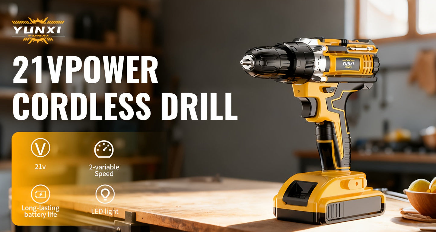 21V Cordless Impact Drill Set 2.0Ah Battery & Fast Charger with Work Light Speed & Torque Adjustment Electric Screwdriver Combo – Optional Storage Box for Car & Home Repair DIY Men's Gift