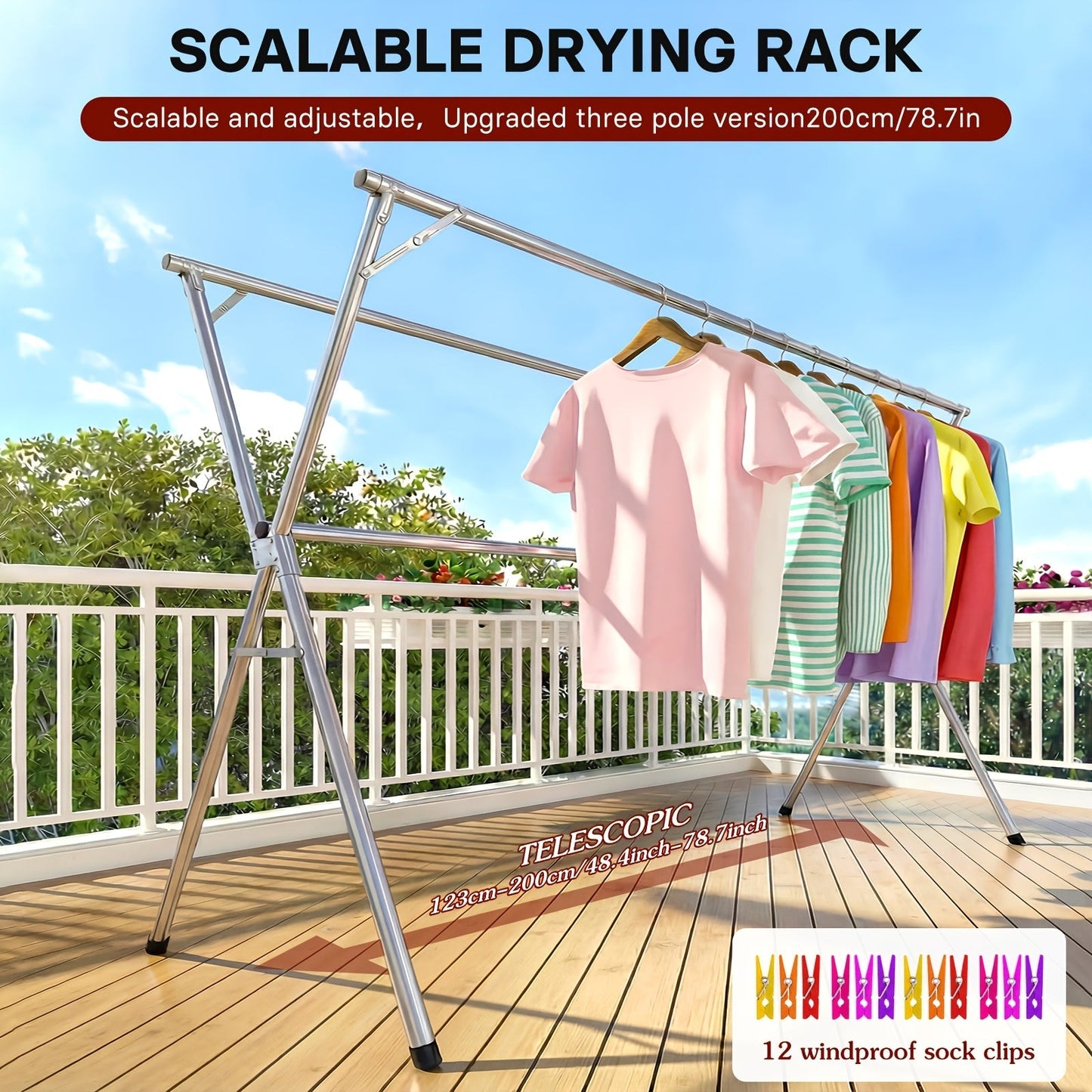 Collapsible Clothes Drying Rack – Heavy Duty Stainless Steel Laundry Drying Rack for Indoor & Outdoor Use, Adjustable Clothesline Rack with Clips, 63" & 79" Sizes