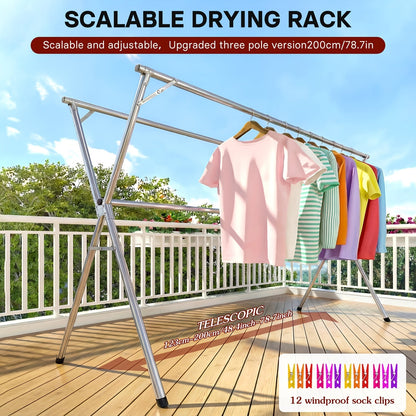 Collapsible Clothes Drying Rack – Heavy Duty Stainless Steel Laundry Drying Rack for Indoor & Outdoor Use, Adjustable Clothesline Rack with Clips, 63" & 79" Sizes