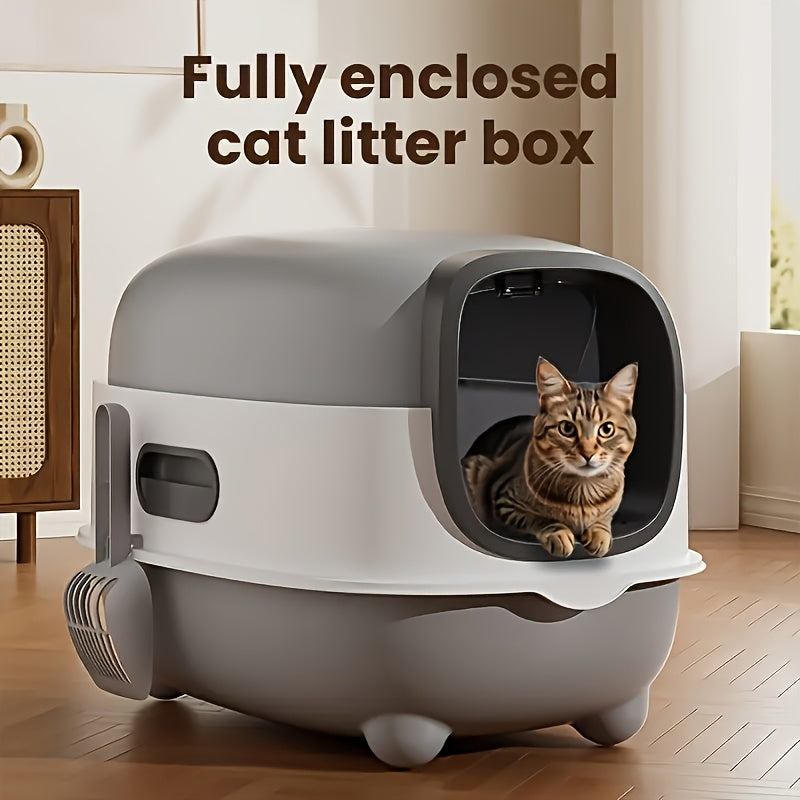 Covered Cat Litter Box with Scoop – Spacious Fully Enclosed Spill-Proof Design, Easy to Clean & Store, Ideal for Small to Medium Cats, Available in Gray Purple & Blue