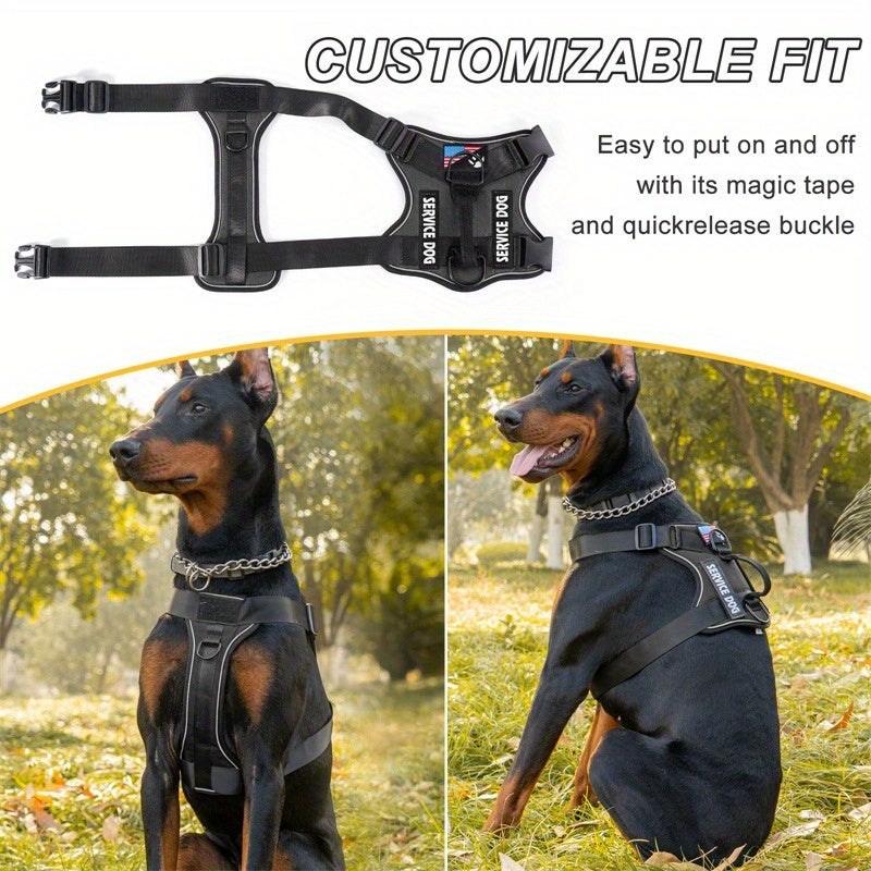 No-Pull Dog Harness Set Reflective Vest with 5 Patches – Adjustable Soft Oxford Mesh Service Dog Harness Front & Back Clip for Small Medium Large Dogs XS to XL