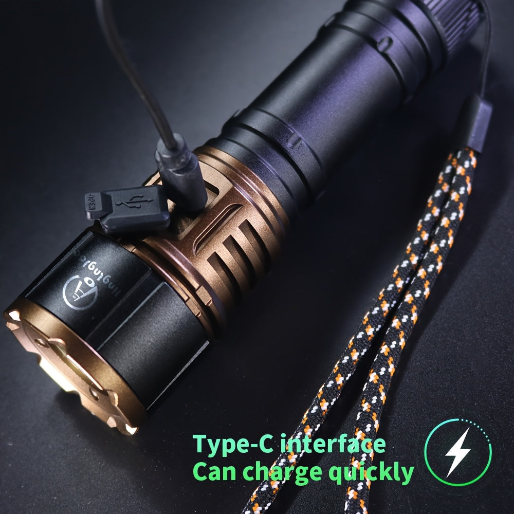 High Lumen Aluminum Alloy Flashlight with Fresnel Lens, 21700 Lithium Battery 3000mAh Rechargeable LED Torch, Long Battery Life for Outdoor Survival, Camping, Fishing, Power Outage & Night Riding - Red, Gold
