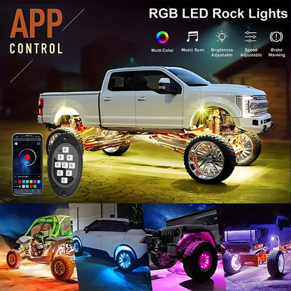 RGB LED Rock Light Kit for Trucks & Off-Road Vehicles - Sound Activated APP & Remote Dual Control, Multi-Color Underglow Chassis Neon Lights for Pickup Trucks, SUVs & 4x4, 4/6/8/10 Pod Options