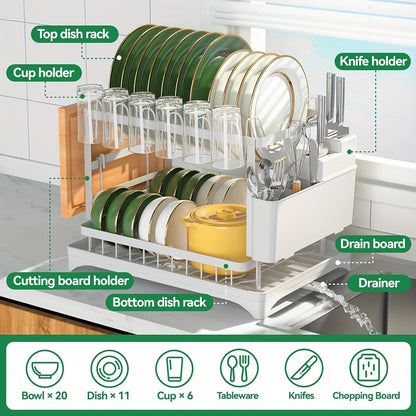 2-Tier Dish Drying Rack with Drainboard for Kitchen Counter – Large Capacity Metal Dish Drainer with Drain Tray, Organizer for Plates, Cups & Utensils, Available in Black, White & Gray