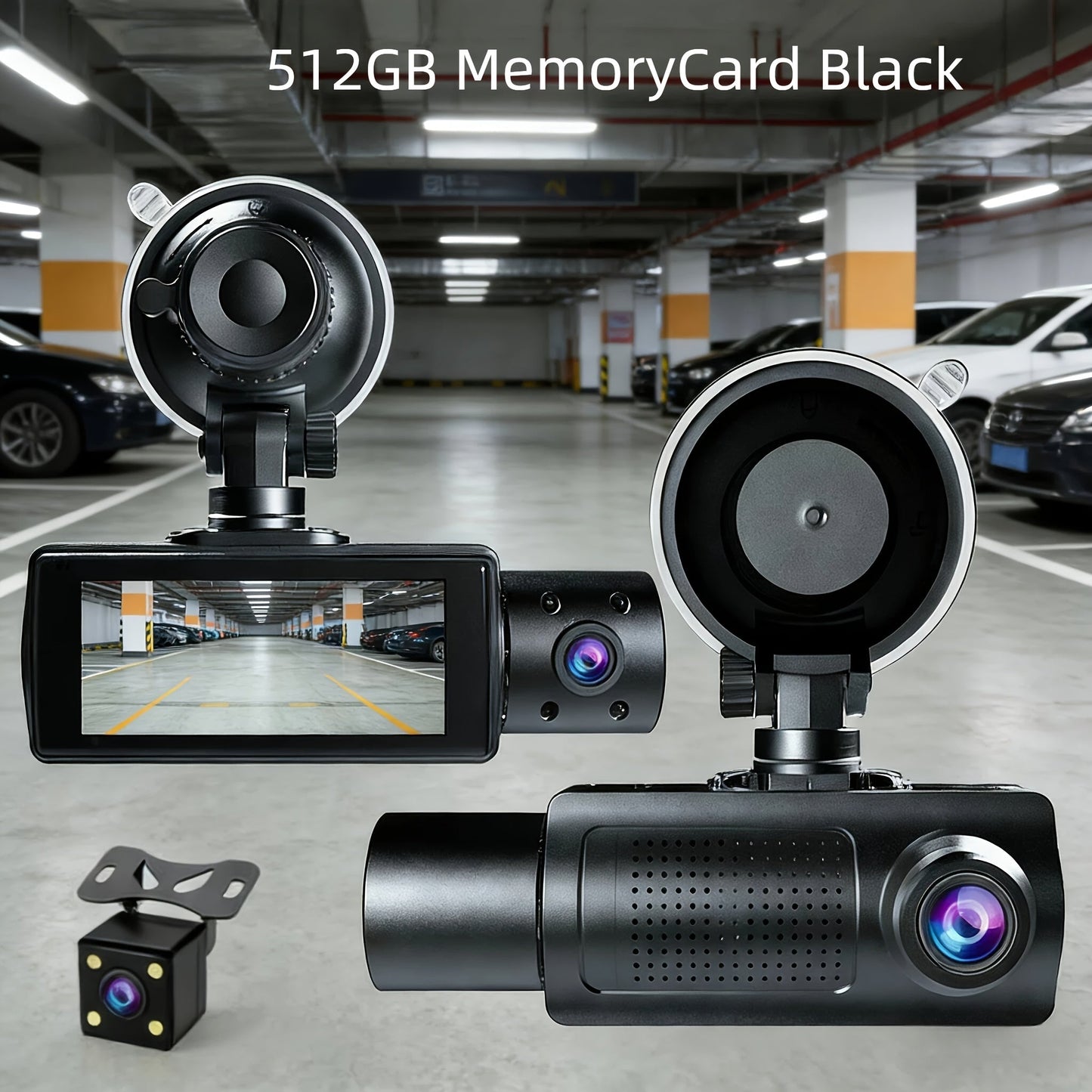 3-Channel Dash Cam with Infrared Night Vision & Smartphone App – Front, Rear & Interior Car Camera with Loop Recording, Wide Angle Lens, Optional 64GB/512GB Memory Card for Cars, Trucks & Rideshare