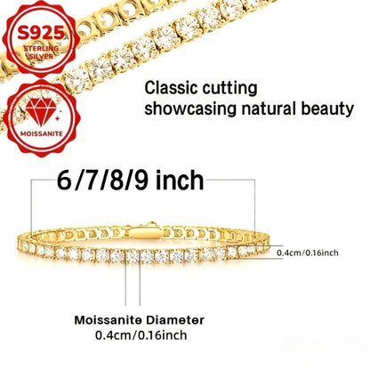 S925 Sterling Silver Moissanite Tennis Bracelet for Women – 4mm Bright Cut Gold Finish, Elegant French Style, Hypoallergenic, Sizes 6–9in, Perfect Wedding & Birthday Gift (7.71g)