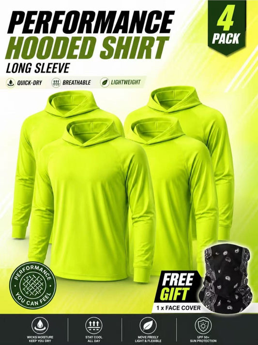 Men's Hi Vis Hooded Work Shirts 4-Pack UPF 50+ Long Sleeve Quick Dry Moisture Wicking Safety Shirts for Construction Outdoor with Neck Gaiter S-XXXL