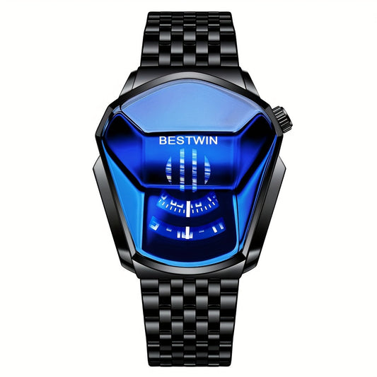 Men's Dashboard Dial Quartz Watch with Blue Rhinestone Face & Steel Strap – Fashion Business Wristwatch for Men, Gold & Black, Gift for Him
