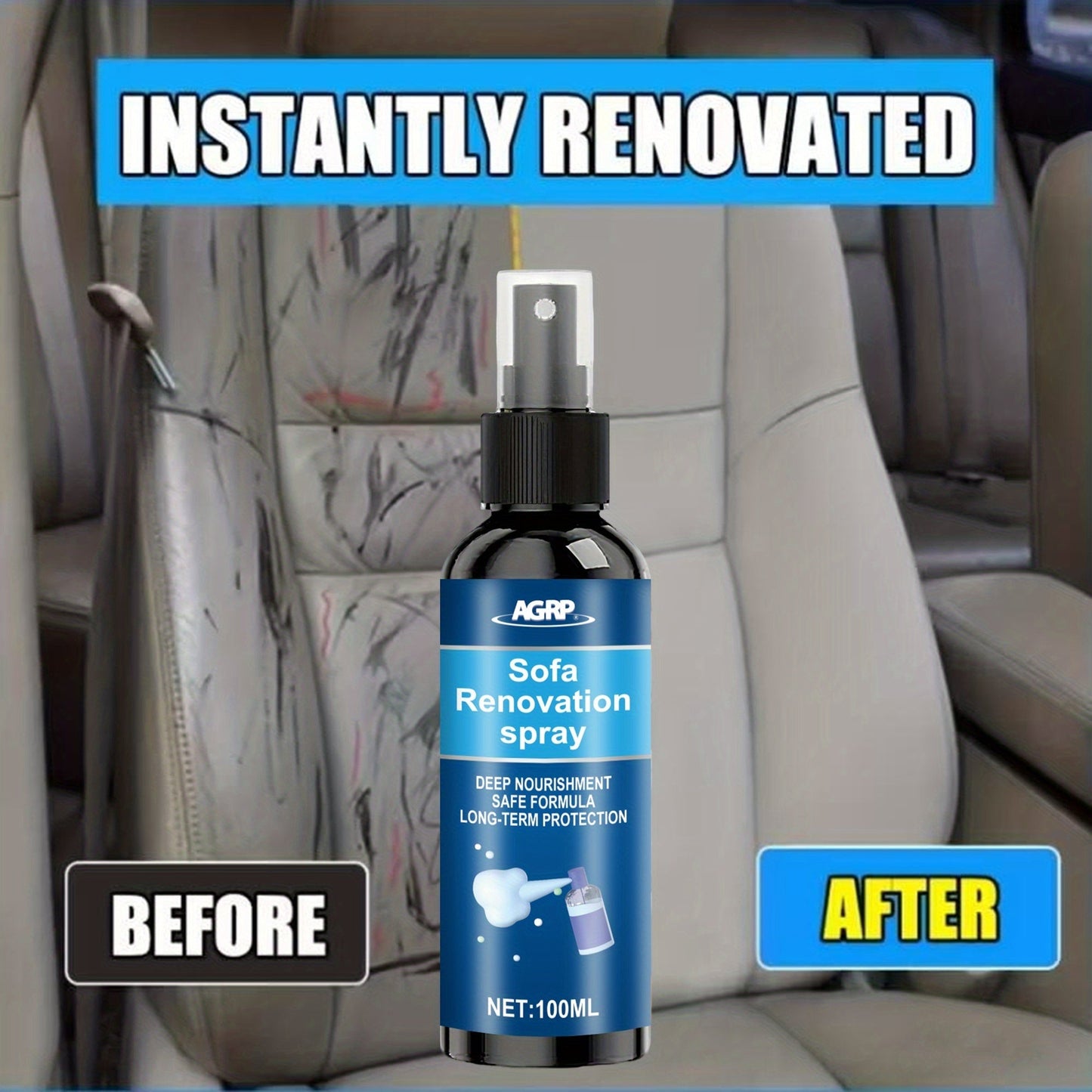 Car Interior Renovator & Restorer 100ml – Multi-Purpose Cleaner for Plastic, Fabric, Seats & Dashboard, Long-Lasting Protection with Applicator Sponge
