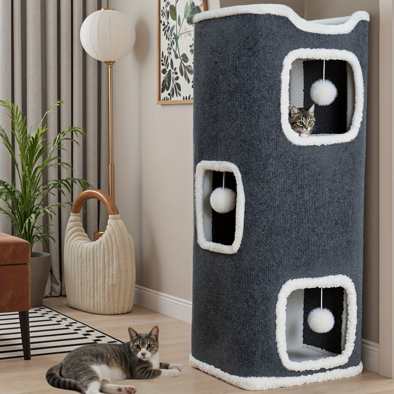 Multi-Level Foldable Cat Tree Tower for Indoor Cats – Scratching Post, Cozy Perch, Cat Condo with Hanging Toy Ball, Cat Hideaway, Soft Bed, 1/3/4 Tier Options