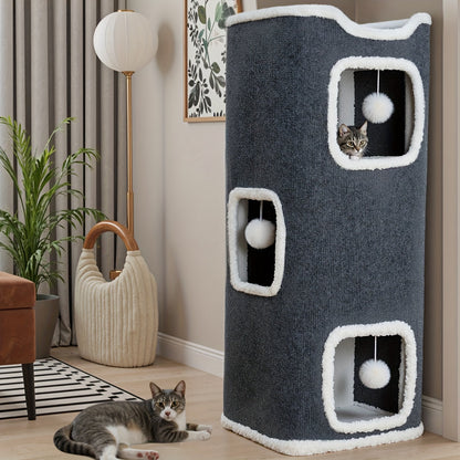 Multi-Level Foldable Cat Tree Tower for Indoor Cats – Scratching Post, Cozy Perch, Cat Condo with Hanging Toy Ball, Cat Hideaway, Soft Bed, 1/3/4 Tier Options