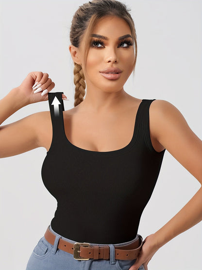 Women's Scoop Neck Tank Top Removable Chest Padding Slim Fit Casual Summer Sleeveless Top 8 Colors XS-XL Built-In Bra