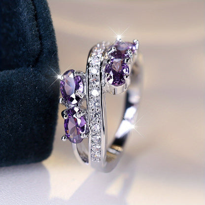 S925 Sterling Silver Purple Cubic Zirconia Ring – Elegant Sparkling Bridal Wedding Ring for Women, Shiny Lavender CZ Charm Ring, Perfect Anniversary Gift in Sizes 6-10, Lightweight 2.95g