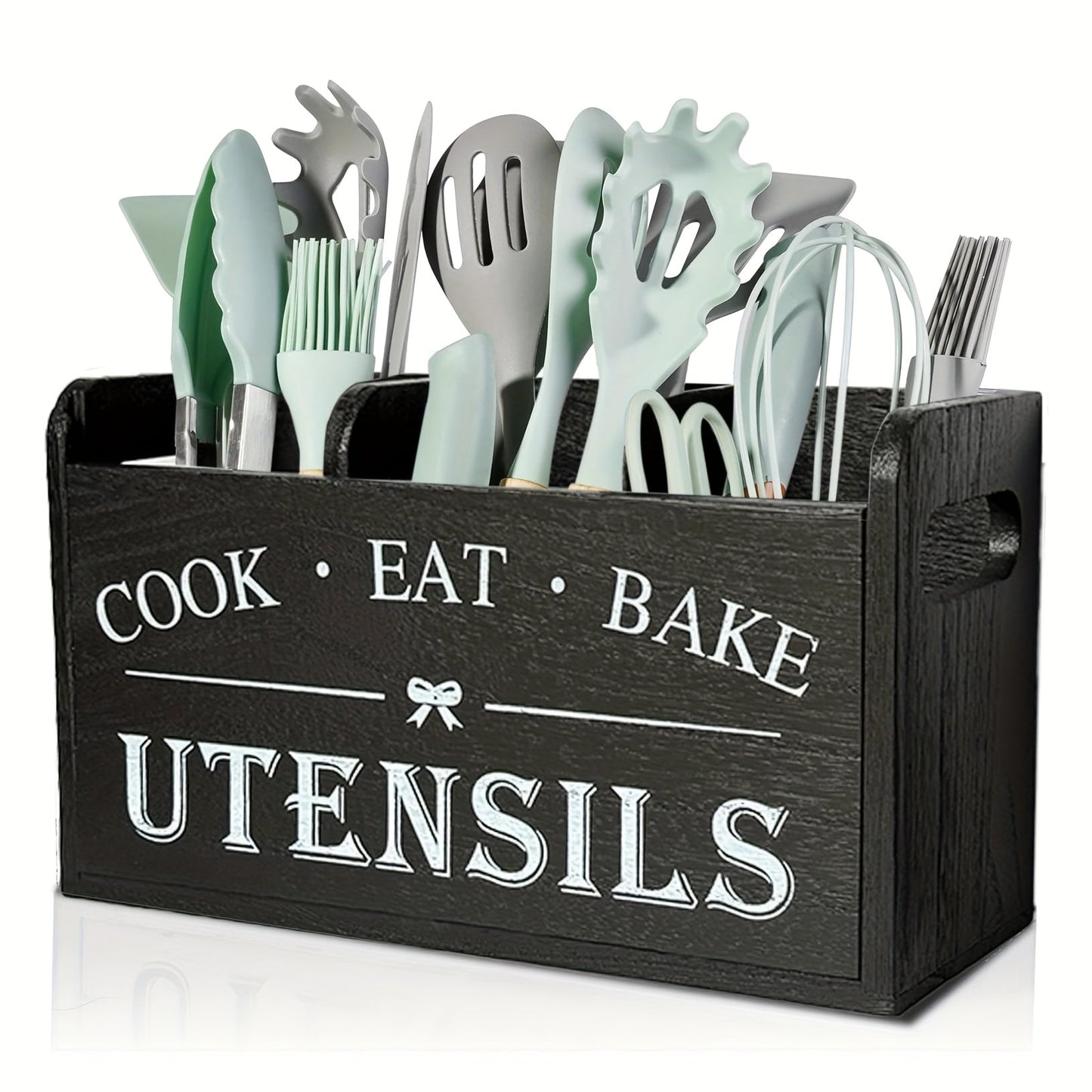 Rustic Wooden Kitchen Utensil Organizer with Handle & 3 Compartments – Countertop or Wall Mount Caddy for Cooking, Dining & Baking Tools – Farmhouse Kitchen Storage in White & Black