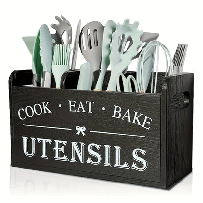 Rustic Wooden Kitchen Utensil Organizer with Handle & 3 Compartments – Countertop or Wall Mount Caddy for Cooking, Dining & Baking Tools – Farmhouse Kitchen Storage in White & Black