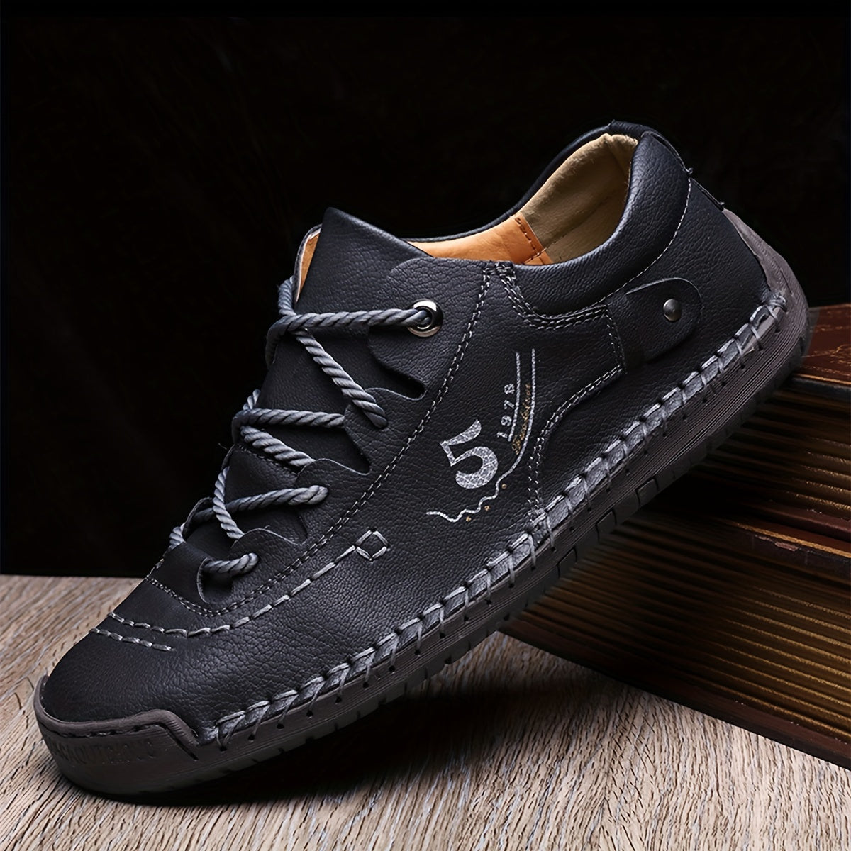 Men's Handmade Stitching Casual Sneakers – Flat Sole Lightweight Outdoor Walking Shoes in Black, Khaki, Blue, Military Green & Yellowish-Brown, Sizes US 7.5–12.5