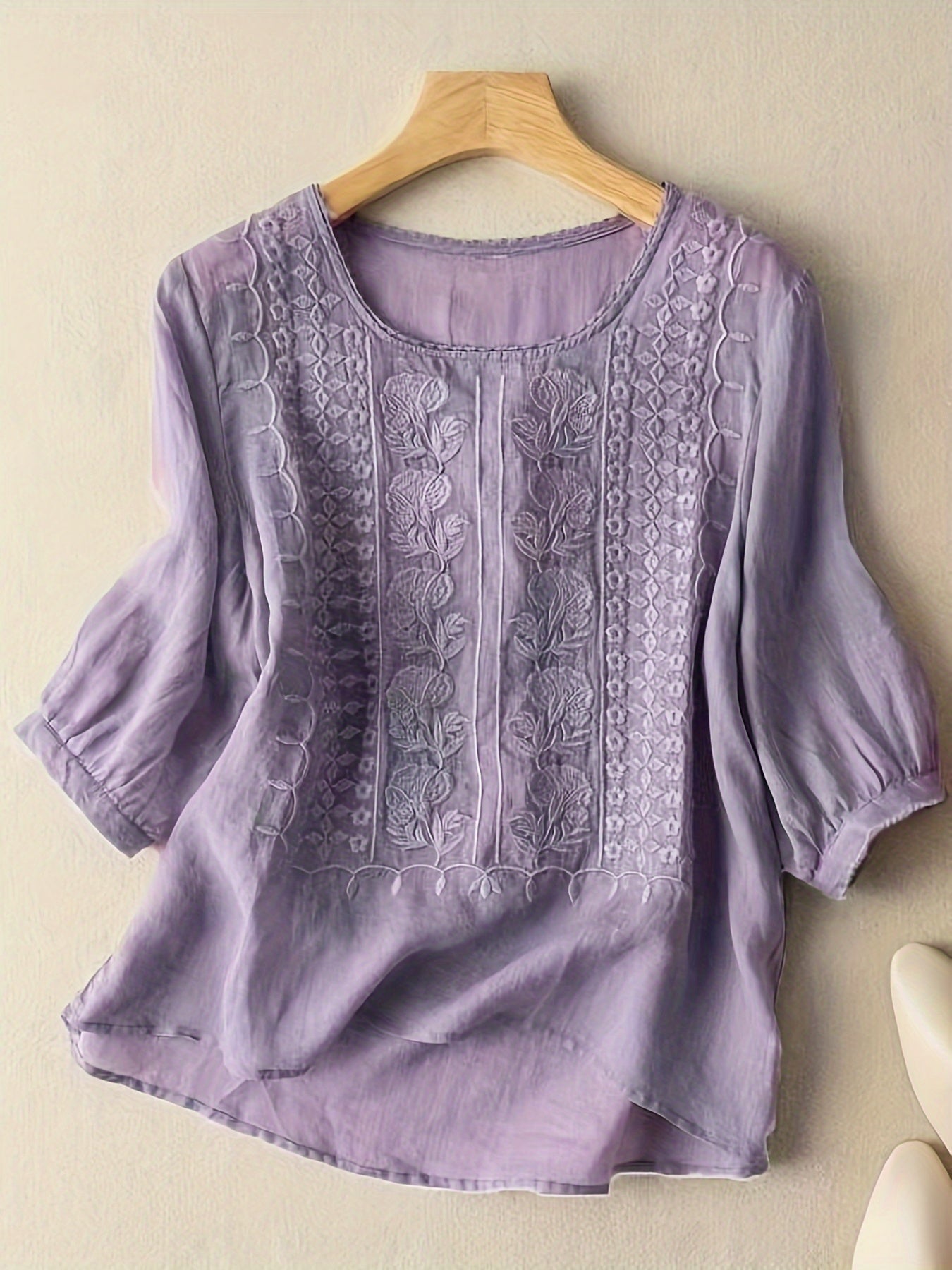 Women's Embroidered Floral T-Shirt Casual Short Sleeve Crew Neck Soft Breathable Tee 4 Colors White Green Yellow Khaki S-XXL