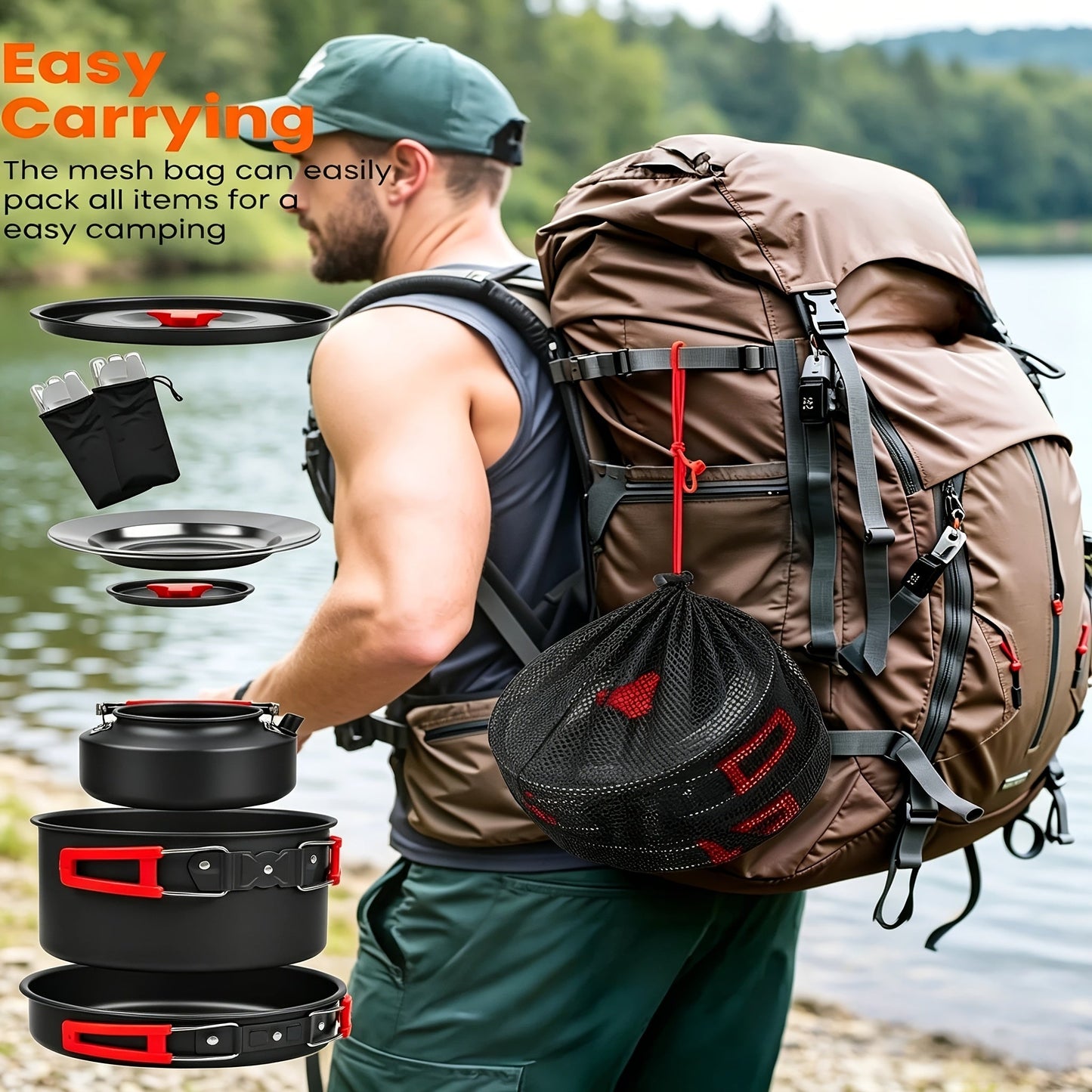 Camping Cookware Mess Kit 8/9/14/15 Piece, Portable Non-Stick Aluminum Alloy Camp Cook Set with Kettle Pot Frying Pan Plates Utensils, Lightweight Backpacking Outdoor Cooking Gear for Hiking & Travel