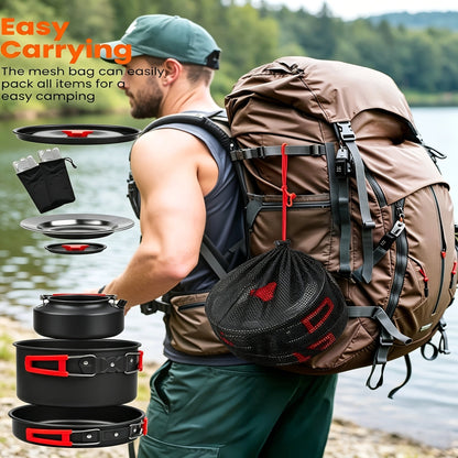 Camping Cookware Mess Kit 8/9/14/15 Piece, Portable Non-Stick Aluminum Alloy Camp Cook Set with Kettle Pot Frying Pan Plates Utensils, Lightweight Backpacking Outdoor Cooking Gear for Hiking & Travel