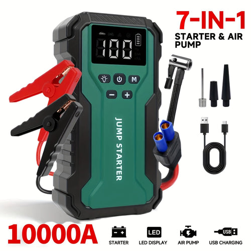 10000A Car Jump Starter 7-in-1 with 150PSI Air Compressor, Digital Tire Inflator, LED Emergency Light & USB Power Bank – Portable Battery Booster for Gas & Diesel Vehicles – Velora