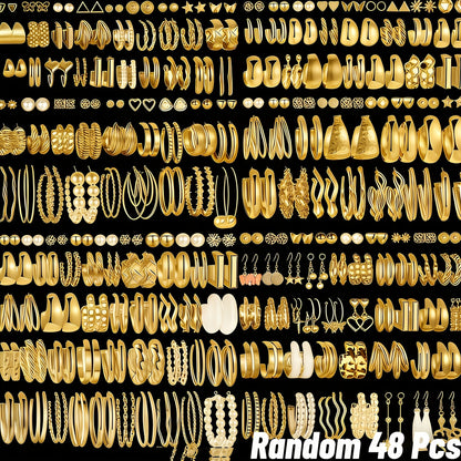 48 Pairs Boho Gold Tone Earring Set for Women – Assorted Minimalist Vintage Studs, Hoops & Dangles – Perfect for Casual, Parties, Holidays & Gifts