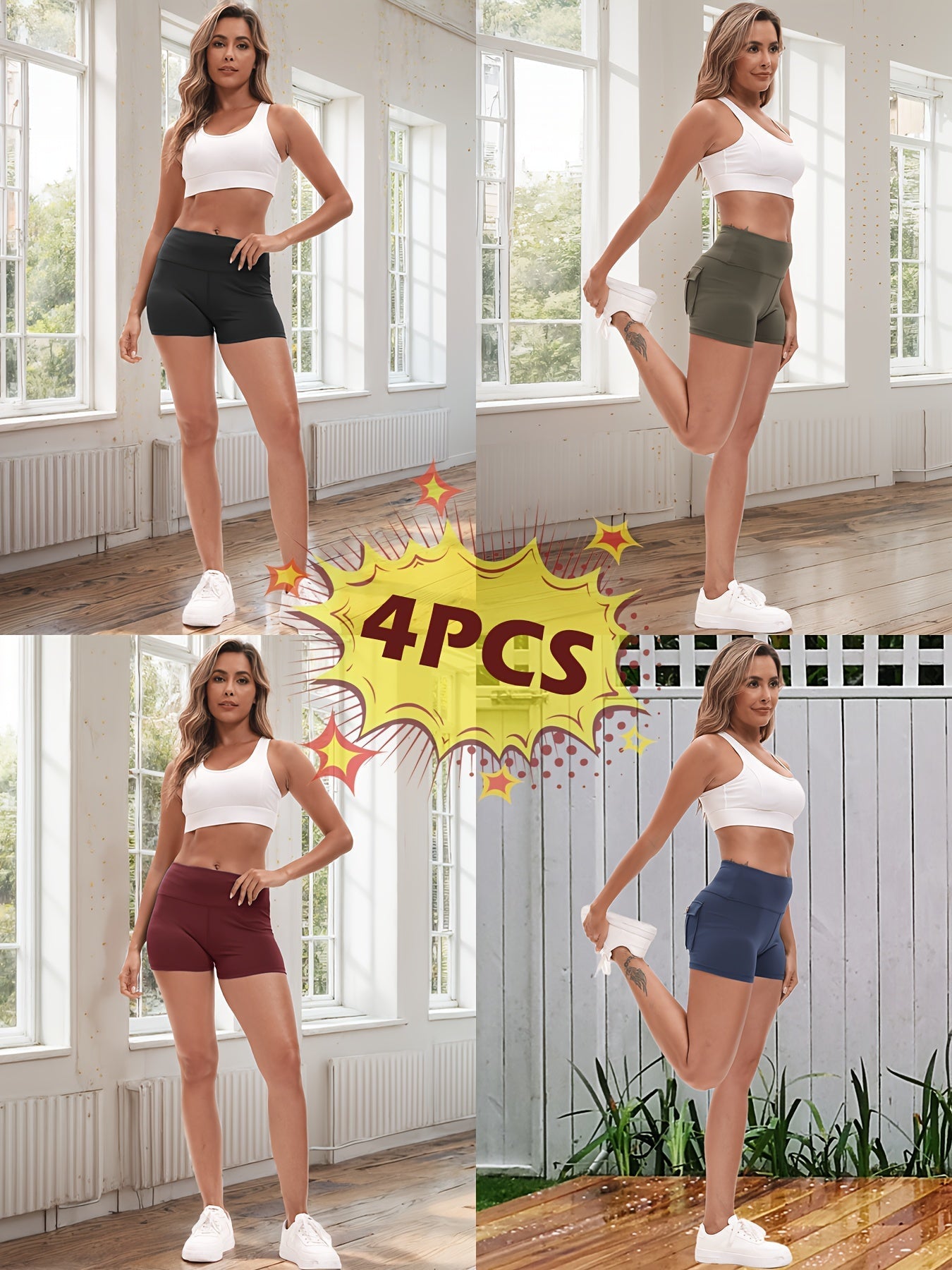 4-Piece Women's High-Stretch Yoga Shorts Set – Hip Lifting Quick-Dry Fitness Shorts with Elastic Waist & 2 Pockets, Solid Color Athletic Short Pants for Gym Running Pilates, S-XXL