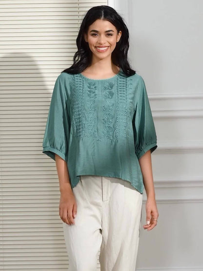 Women's Embroidered Floral T-Shirt Casual Short Sleeve Crew Neck Soft Breathable Tee 4 Colors White Green Yellow Khaki S-XXL