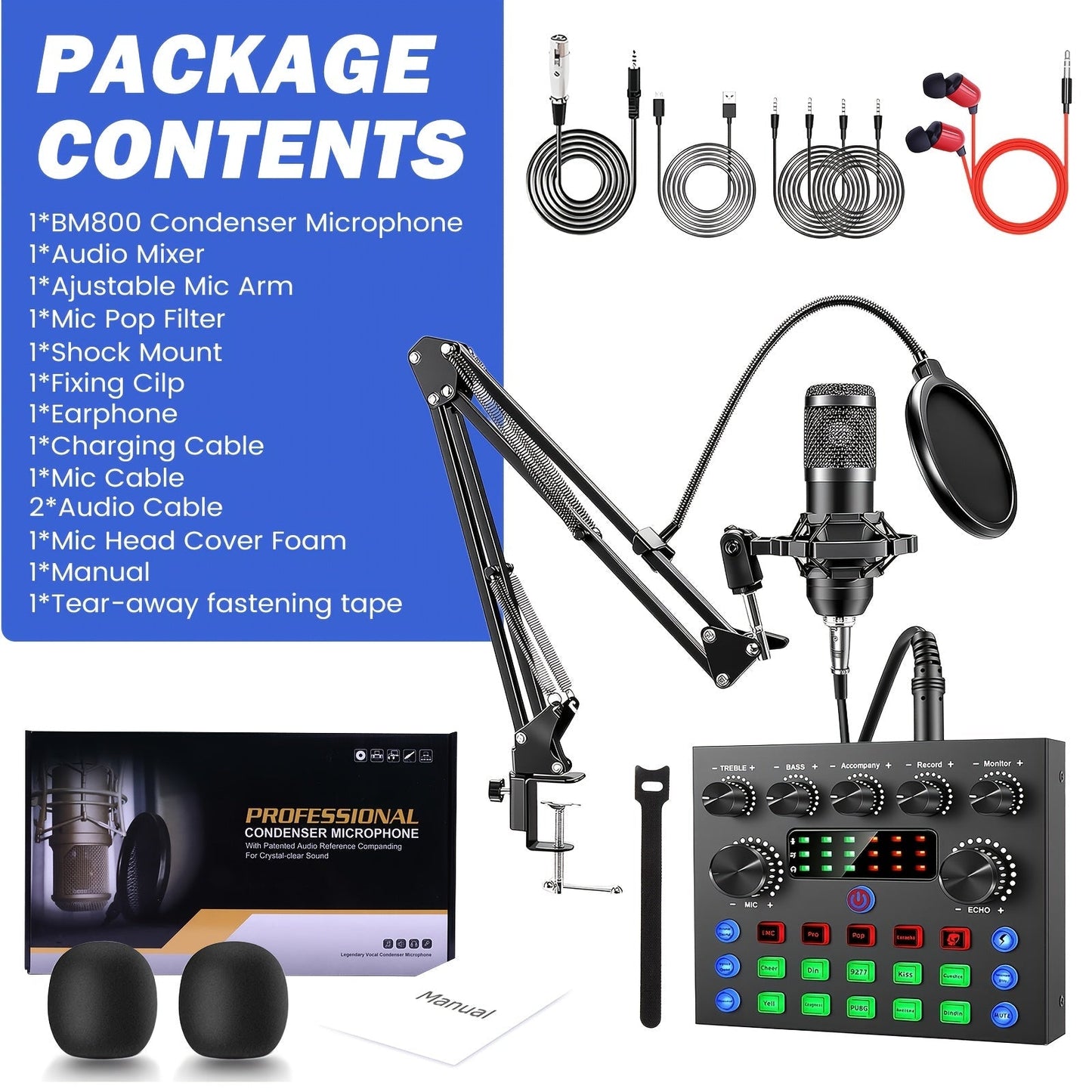 BM800 Condenser Microphone & Sound Card Recording Kit – Home Studio Bundle for Podcasting, Streaming, Voice Overs & Music, Compatible with PC, Smartphone & Tablet, Multiple Models Available