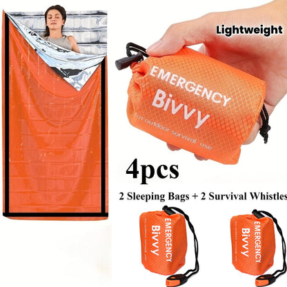 Emergency Mylar Sleeping Bag 4-Piece Kit – 2 Thermal Survival Sleeping Bags + 2 Whistles, Lightweight Portable Shelter for Camping, Hiking, Backpacking, Outdoor Survival & Emergencies