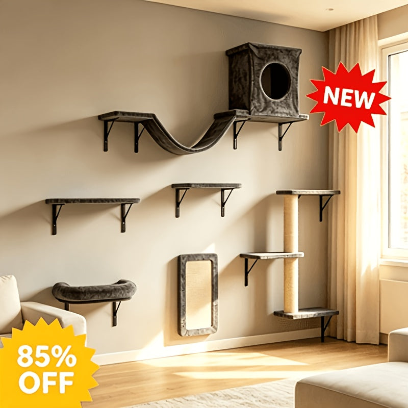 Wall Mounted Cat Climbing Shelf Set 7-Piece – Deluxe Indoor Cat Furniture with Condo, Shelves, Scratching Post, Bridge Ladder & Tunnel for All Cat Sizes
