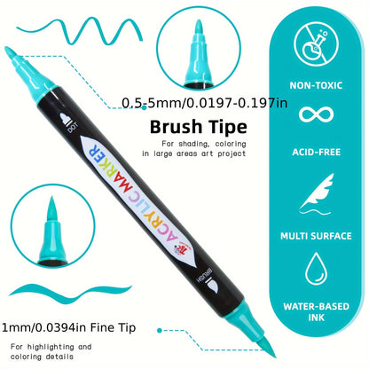 Dual Tip Acrylic Paint Markers Set – Non-Toxic Waterproof Fade-Resistant Paint Pens for Rock Painting, Canvas, Glass, Pottery, Wood & DIY Crafts, Ideal Gift for Artists & Kids