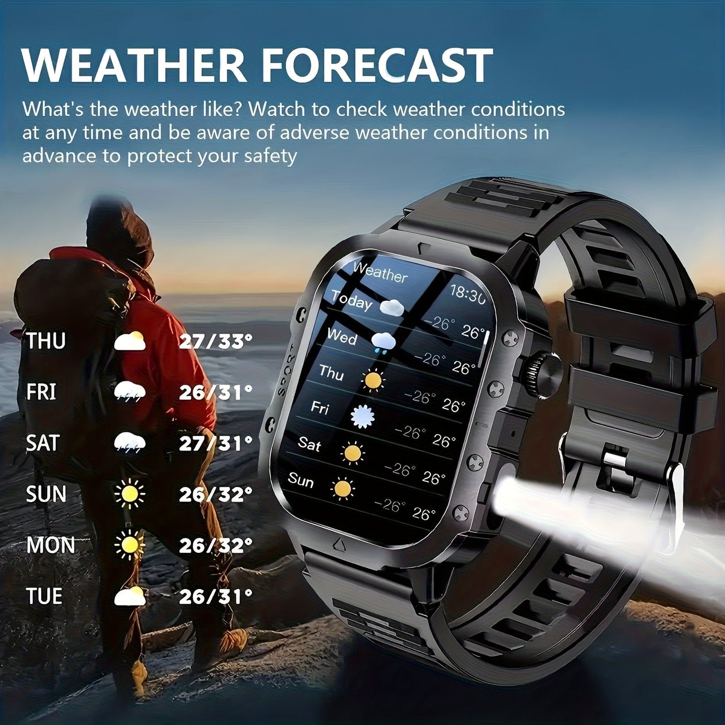 Outdoor Smart Watch with Built-In LED Flashlight, 2.01" Large HD Screen Rugged Fitness Tracker with Sports Modes & Message Reminders for Android & iPhone