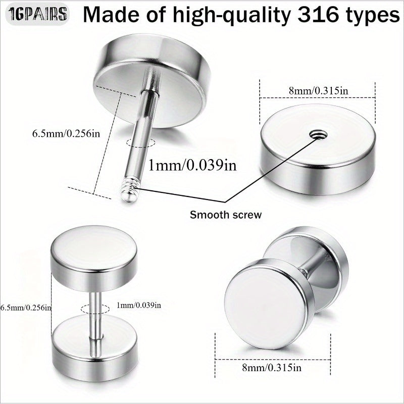 16-Pair Fake Gauge Stud Earrings for Men & Women – 316L Stainless Steel Faux Plug Screw Barbell Ear Studs, 8mm Black & Silver Assorted Styles, Hypoallergenic Earring Set Gift
