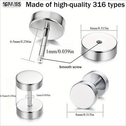 16-Pair Fake Gauge Stud Earrings for Men & Women – 316L Stainless Steel Faux Plug Screw Barbell Ear Studs, 8mm Black & Silver Assorted Styles, Hypoallergenic Earring Set Gift