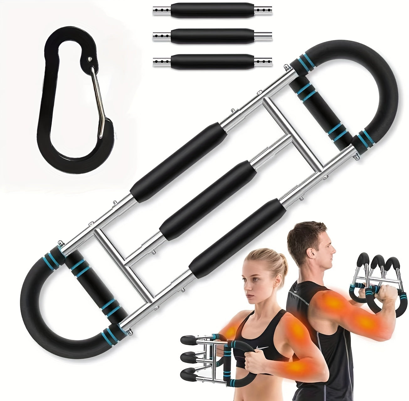 Adjustable Spring Exercise Bar 3-Speed Resistance Arm Trainer for Forearm Triceps Chest Strength, Detachable Portable Home Gym Fitness Equipment, Upper Body Muscle Builder - Black Mini, Red 3-Tube, Blue Reinforced