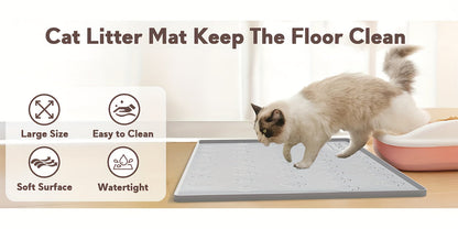 XXL Silicone Cat Litter Mat 3-in-1 – Washable Non-Slip Floor Protector with Raised Edges, Traps Litter, Kibble & Crumbs, Foldable Pet Feeding Mat for Cats, 34x22 Inch, Light Grey & Dark Gray