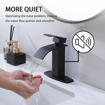Waterfall Bathroom Sink Faucet Single Handle Hot & Cold - Universal 1 or 3 Hole Countertop Mount, RV Vanity Faucet with Water Supply Hose, Modern Design in Black, Black Gold & Silver