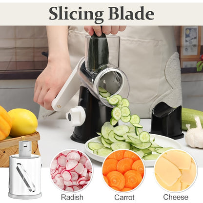 Rotary Cheese Grater Hand Crank Shredder with 3 Interchangeable Blades - Non-Slip Suction Base, Free Cleaning Brush, for Fresh Cheese, Vegetables & Nuts, Kitchen Tool Gift