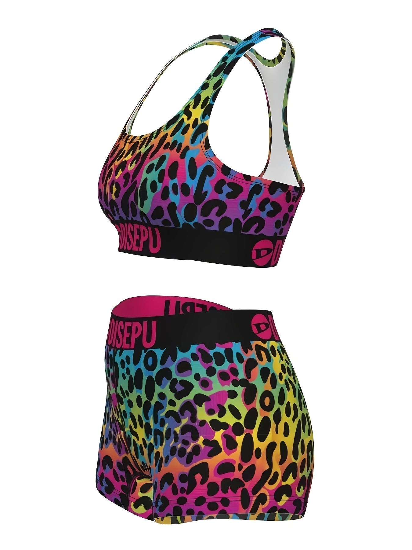 Women's Rainbow Leopard Print Workout Set – 2-Piece Sports Bra & High Waist Shorts Athletic Outfit for Yoga Gym Running Dance Festival, Colorful Activewear for Teens & Women Sizes S-XXL
