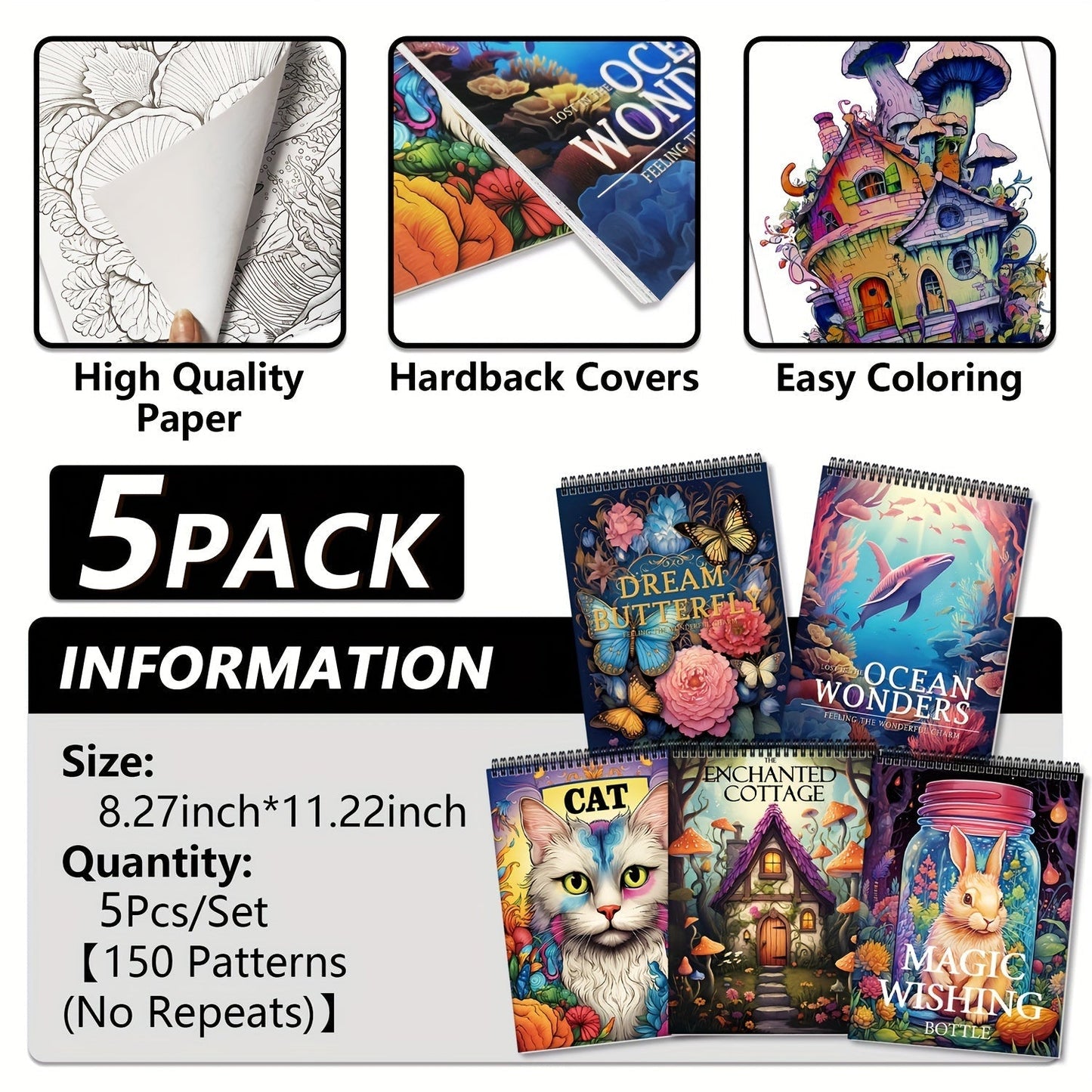 Adult Coloring Books Set of 5 with 150 Unique Designs – Spiral Bound Mindfulness Art Books Featuring Butterflies, Cats, Ocean, Cottage & Magical Wishes – Perfect Stress Relief Gift for Women, Men & Teens