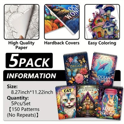 Adult Coloring Books Set of 5 with 150 Unique Designs – Spiral Bound Mindfulness Art Books Featuring Butterflies, Cats, Ocean, Cottage & Magical Wishes – Perfect Stress Relief Gift for Women, Men & Teens