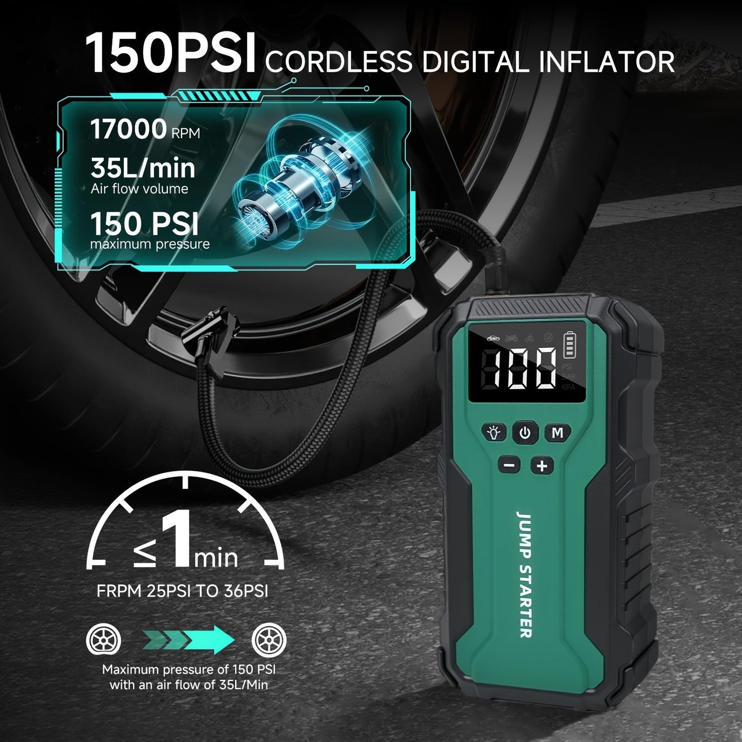 10000A Car Jump Starter 7-in-1 with 150PSI Air Compressor, Digital Tire Inflator, LED Emergency Light & USB Power Bank – Portable Battery Booster for Gas & Diesel Vehicles – Velora
