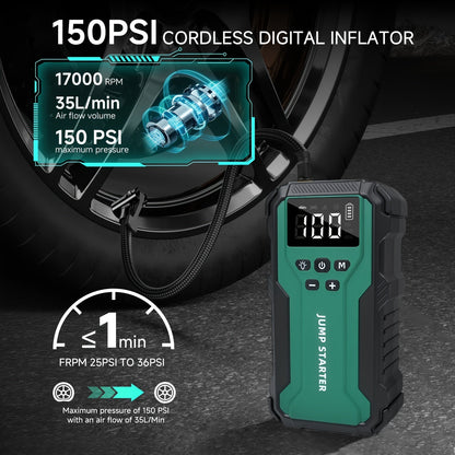 10000A Car Jump Starter 7-in-1 with 150PSI Air Compressor, Digital Tire Inflator, LED Emergency Light & USB Power Bank – Portable Battery Booster for Gas & Diesel Vehicles – Velora