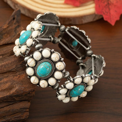 Boho Turquoise Beaded Stretch Bracelet for Women – Vintage Bohemian Elastic Zinc Alloy Wristband, Casual Everyday Jewelry & Perfect Gift for Her