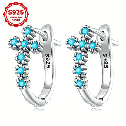 925 Sterling Silver Blue Turquoise Cross Dangle Earrings for Women – Hypoallergenic Boho Vintage Drop Earrings, Synthetic Inlay, Elegant Gift for Valentine's Day Birthday Anniversary
