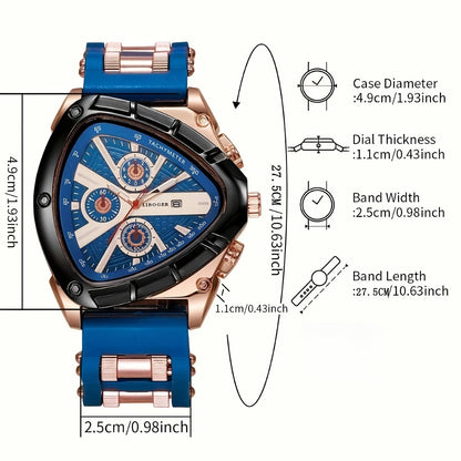 3pcs Men's Quartz Watch Set – Silicone Strap Date Display Triangular Dial, Fashion Sport Casual Wrist Watches for Men, Ideal Birthday Anniversary Gift Set