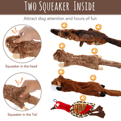 Dog Squeaky Toys No Stuffing 5 Pack – Durable Plush Chew Toy Bundle for Small Medium Large Breeds, Dual Squeaker Puppy Teething Toys, Interactive Fetch Toys for Dogs, Best Birthday Gift for Pets
