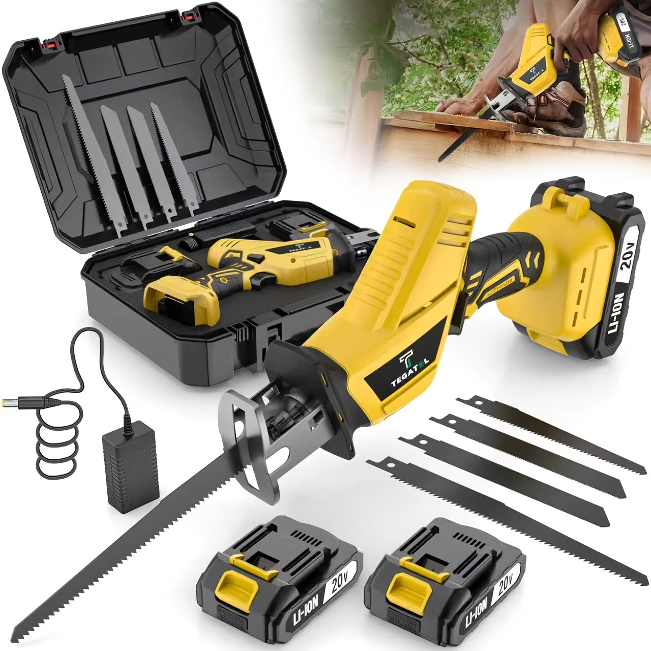 Cordless Reciprocating Saw with LED Light & Safety Lock | Electric Handsaw for Multi-Purpose Cutting, Replaceable Blades, Toolbox Included – 1 or 2 Battery Options, Yellow/Green/Red