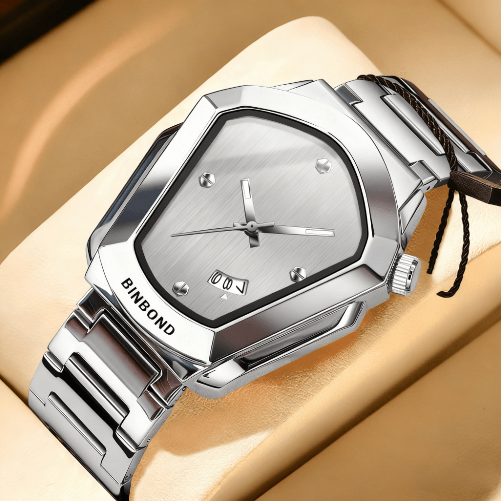 Men's Minimalist Quartz Watch with Irregular Dial & Calendar - Slim Business Wristwatch Alloy Case Metal Strap for Men, Office Casual Daily Wear, Birthday & Gift